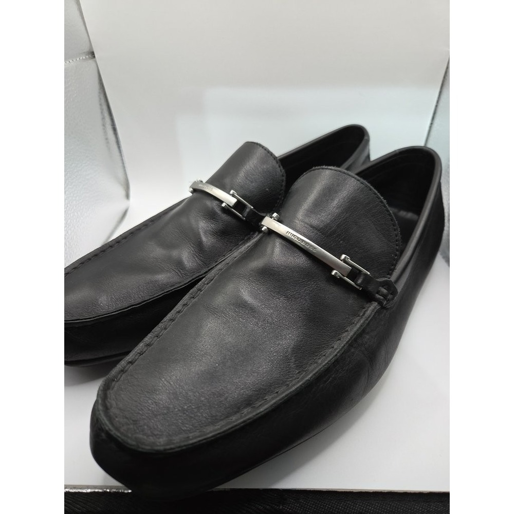 Hugo Boss Mens Black Leather Loafers Silver Hardware Slip On Dress Shoes Size 10